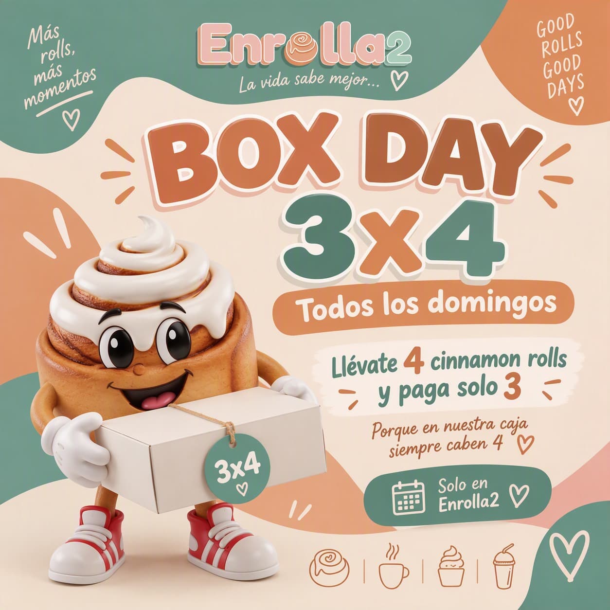 Cartel Box Day 3x4: lleva 4 cinnamon rolls y paga solo 3 los domingos