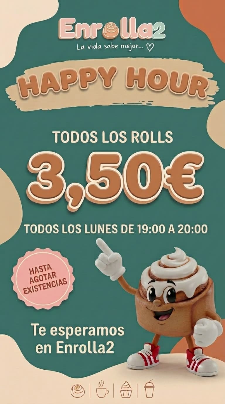 Cartel Happy Hour: todos los rolls a 3,50 € los lunes de 19:00 a 20:00